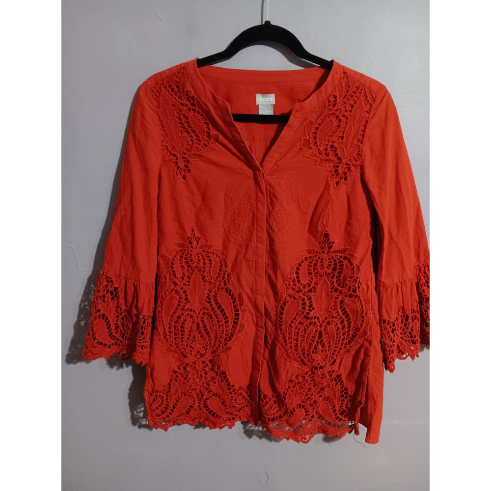 Chicos Womens Size 0 Small Bell 3/4 Sleeve Emdroidered Salmon Colored Shirt